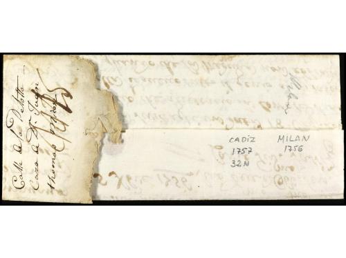 ✉ ESPAÑA: PREFILATELIA. 1756. CADIZ. Sobrescrito de MILAN (I