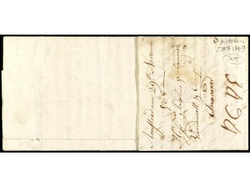 ✉ ESPAÑA: PREFILATELIA. 1769. CADIZ. Sobrescrito de AMSTERDA