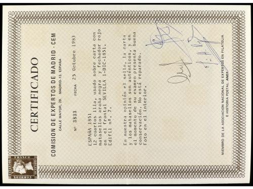 ✉ ESPAÑA. Ed. 7. 1851. SEVILLA a MADRID. 12 cuartos lila, ma