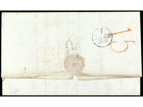 ✉ ESPAÑA: PREFILATELIA. 1838. MÁLAGA. A PARIS. RARA en rojo 