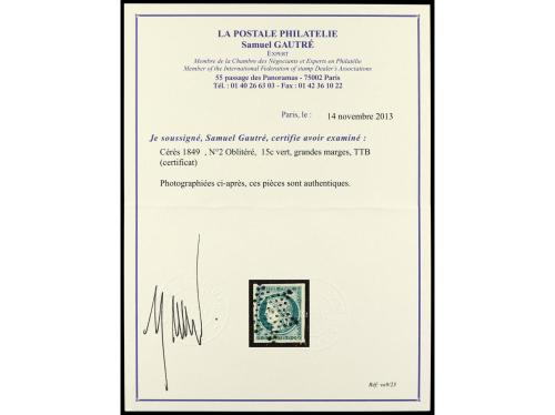 º FRANCIA. Yv. 2. 15 cts. verde. Mat. estrella. Amplios márg