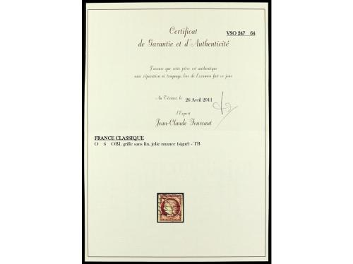 º FRANCIA. Yv. 6. 1 fr. carmín. Mat. parrilla sin fin. LUJO.