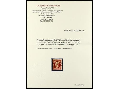 º FRANCIA. Yv. 18. 1 fr. carmin, mat. "DS 2" de PARIS. MUY R