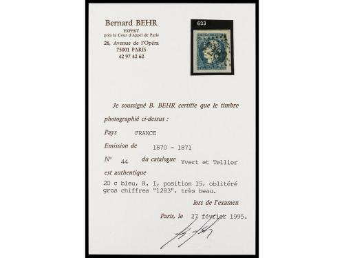 º Δ FRANCIA. Yv. 44A. 20 cts. azul Tipo I, Reporte 1. MUY BO