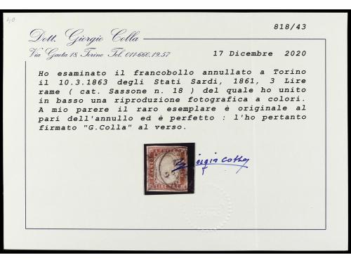 º ITALIA ANTIGUOS ESTADOS: CERDEÑA. Yv. 15, Sa. 18. 3 liras 