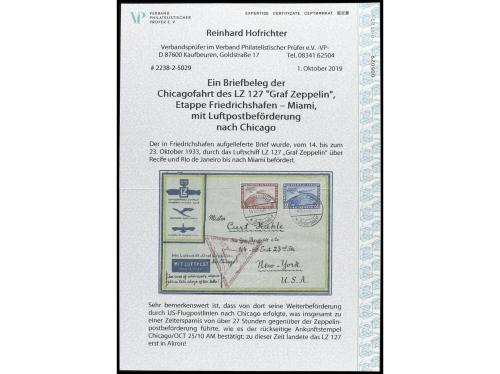 ✉ Mi. 496. 497. 1933. FRIEDRICHSHAFEN a NEW YORK. 1 mk. rojo