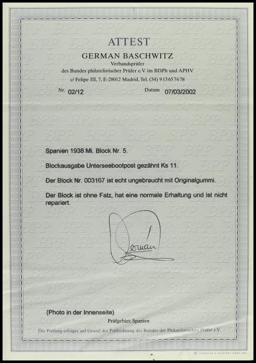 ** ESPAÑA. Ed. 781. Hoja bloque. LUJO. Cert. G. BASCHNWITZ. 