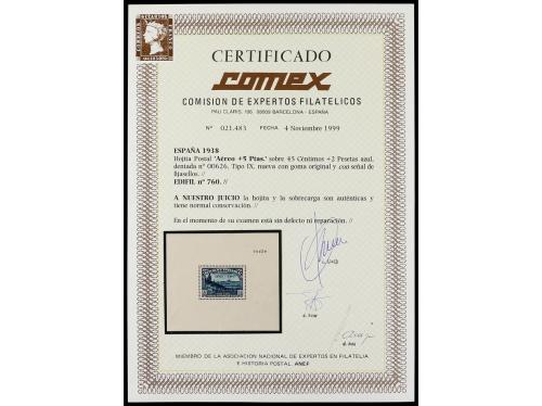 * ESPAÑA. Ed. 760. Aéreo + 5 pts. Hoja bloque. Cert. COMEX. 