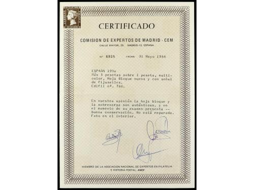 * ESPAÑA. Ed. 766. Aéreo + 5 pts. Hoja bloque. Cert. CEM. Ca