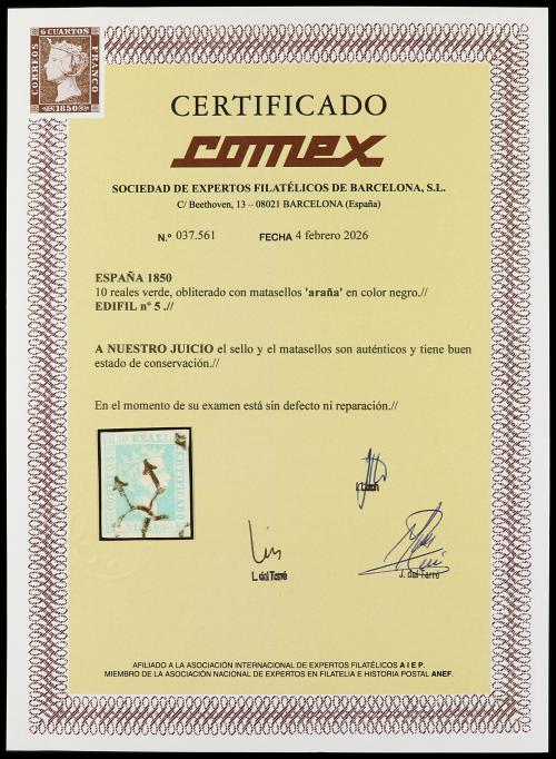 ° ESPAÑA. Ed. 5. 10 reales verde. Buen ejemplar. Cert. COMEX