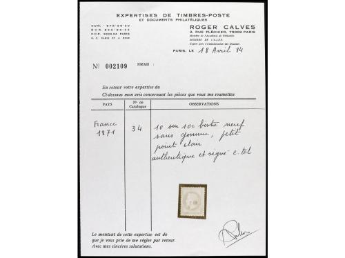 (*) FRANCIA. Yv. 34. 10 s. sobre 10 cts. sepia. Sobrecargado