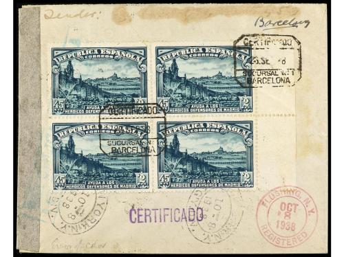 ✉ ESPAÑA. Ed. 763 (2), 757a (4). 1938. BARCELONA a NEW YORK.