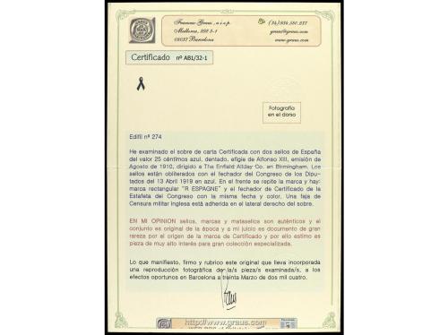 ✉ ESPAÑA. Ed. 274 (2). 1919. MADRID a INGLATERRA. 25 cts. az