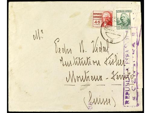 ✉ ESPAÑA GUERRA CIVIL. 1937. BARCELONA a SUIZA. 15 cts. verd