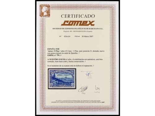 ** ESPAÑA. Ed. 759. Aéreo + 5 pts. Tipo 21. LUJO. Cert. COME