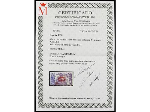 ** ESPAÑA. Ed. 761hcc. 45 cts. s. 15 cts. violeta. HABILITAC