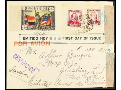 ✉ ESPAÑA. Ed. 763, 685 (2), 774 (4). 1938. BARCELONA a NEW Y
