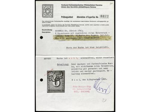 ° SUIZA. Yv. 10, Zu. 2W. 1843. 6 Rp. negro, mat. roseta, lín