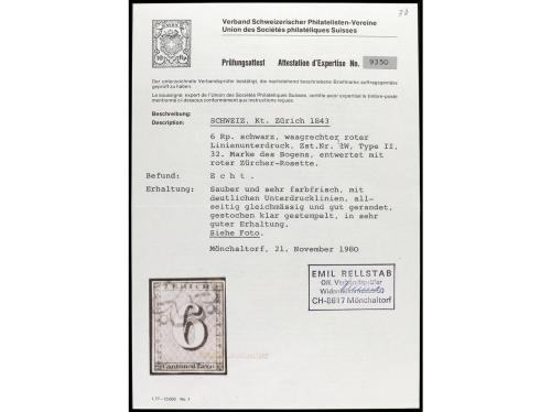 ° SUIZA. Yv. 10, Zu. 2W. 1843. 6 Rp. negro, mat. roseta, lín