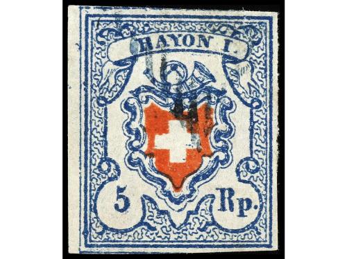 ° SUIZA. Yv. 14a, Zu. 17II. 5 Rp. azul claro y rojo. 3 ejemp