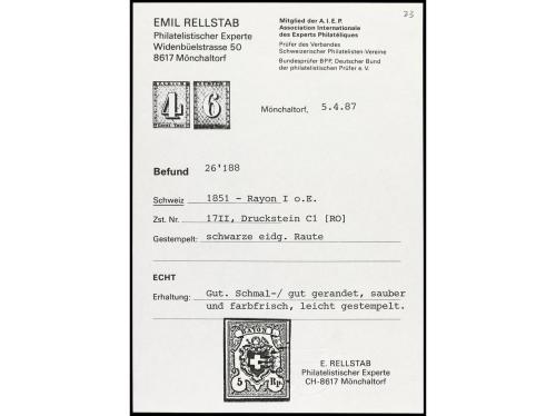 ° SUIZA. Yv. 14a, Zu. 17II. 5 Rp. azul claro y rojo. 3 ejemp