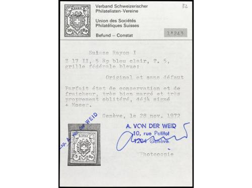 ° SUIZA. Yv. 14a, Zu. 17II. 5 Rp. azul claro y rojo. 3 ejemp