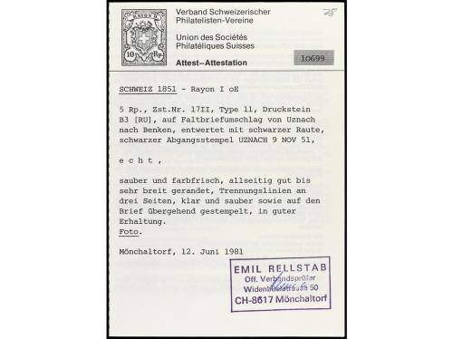 ✉ SUIZA. Yv. 14a, Zu. 17II. 1851. Envuelta de UZNACH a BENKE