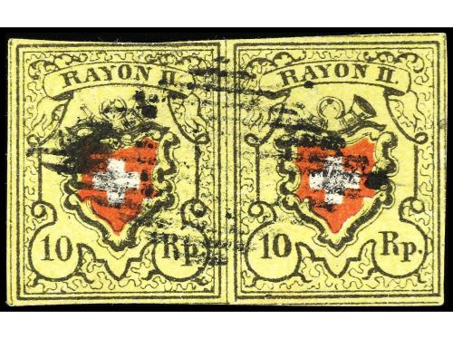 ° SUIZA. Yv. 15, Zu. 16II. 1850. 10 Rp. amarillo y rojo. 3 s