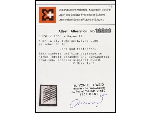 ° SUIZA. Yv. 15, Zu. 16II. 1850. 10 Rp. amarillo y rojo. 3 s