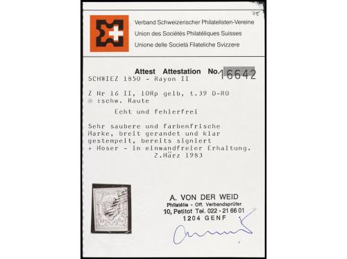 ° SUIZA. Yv. 15, Zu. 16II. 1850. 10 Rp. amarillo y rojo. 3 s