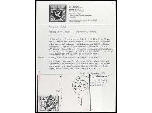 ✉ SUIZA. Yv. 15, Zu. 16II. 1852. 10 Rp. rojo y amarillo, en 