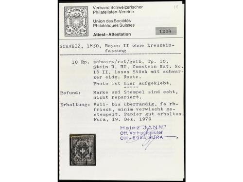 ✉ SUIZA. Yv. 15, Zu. 16II. 1853. 10 Rp. rojo y amarillo, mat