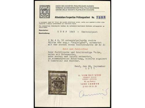 ° SUIZA. Yv. 1A, Zu. 4R. 1843. GENÈVE. Medio doble de Ginebr