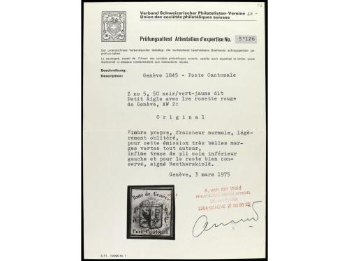 ° SUIZA. Yv. 2, Zu. 5. 1845. 5 c. verde amarillo, "águila pe