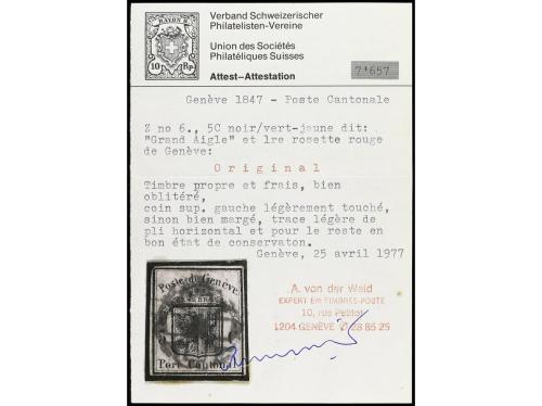 ° SUIZA. Yv. 3, Zu. 6. 1846. 5 c. verde amarillo, "águila gr