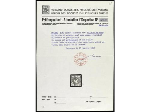 (*) SUIZA. Yv. 7, Zu. 8. 1845. 2 1/2 Rp. azul y rojo. Márgen