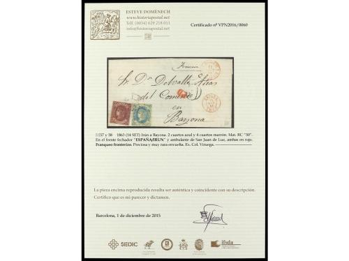 ✉ ESPAÑA. Ed. 57, 58. 1863. IRÚN a BAYONA. 2 cuartos azul s.