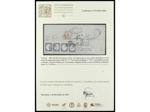 ✉ ESPAÑA. Ed. 76 (4). 1865. BARCELONA a PARÍS. 12 cuartos az