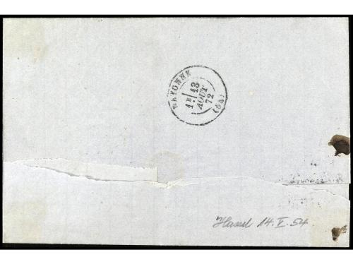 ✉ ESPAÑA. Ed. 106, 107. 1872. IRÚN a BAYONA. 25 mils. lila y