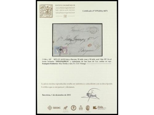 ✉ ESPAÑA. Ed. 106, 107. 1872. IRÚN a BAYONA. 25 mils. lila y