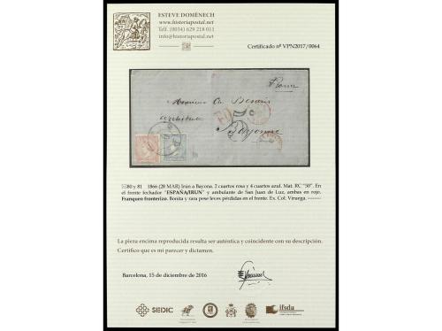 ✉ ESPAÑA. Ed. 80, 81. 1866. IRÚN a BAYONA. 2 cuartos rosa y 