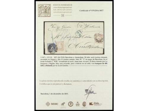 ✉ ESPAÑA. Ed. 107, 113 (2). 1871. BARCELONA a HOLANDA. 50 mi