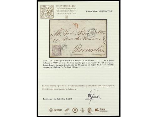 ✉ ESPAÑA. Ed. 92. 1867. SAN SEBASTIÁN a BRUSELAS. 20 cts. li