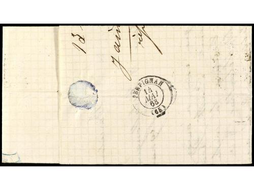 ✉ ESPAÑA. Ed. 59FP. 1863. 12 cuartos azul FALSO POSTAL (Grau