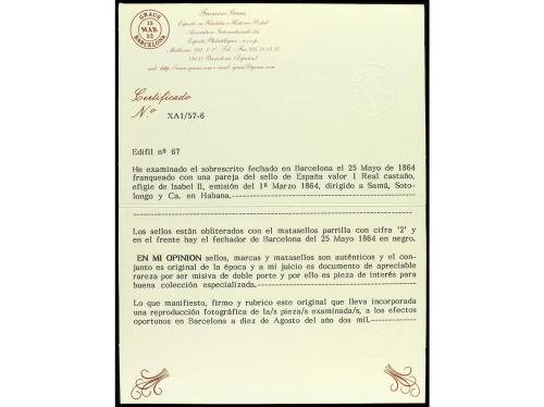 ✉ ESPAÑA. Ed. 67. 1864. Sobrescrito de BARCELONA a HABANA. 1