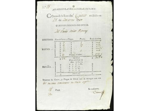 ✉ PERU. 1791-1831. Conjunto de seis GUIAS DE CORRESPONDENCIA