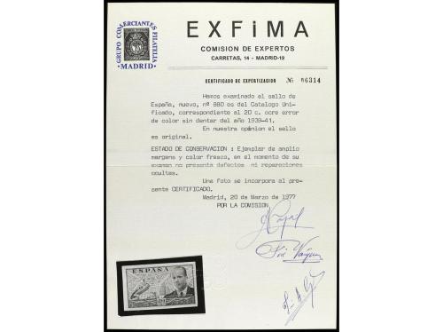 ** ESPAÑA. Ed. 880ccs. 20 cts. ocre SIN DENTAR. LUJO. Cert. 