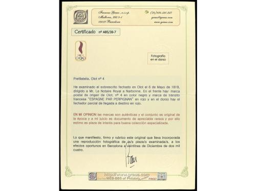 ✉ ESPAÑA: PREFILATELIA. 1819 (6 mayo). OLOT a NARBONA (Franc