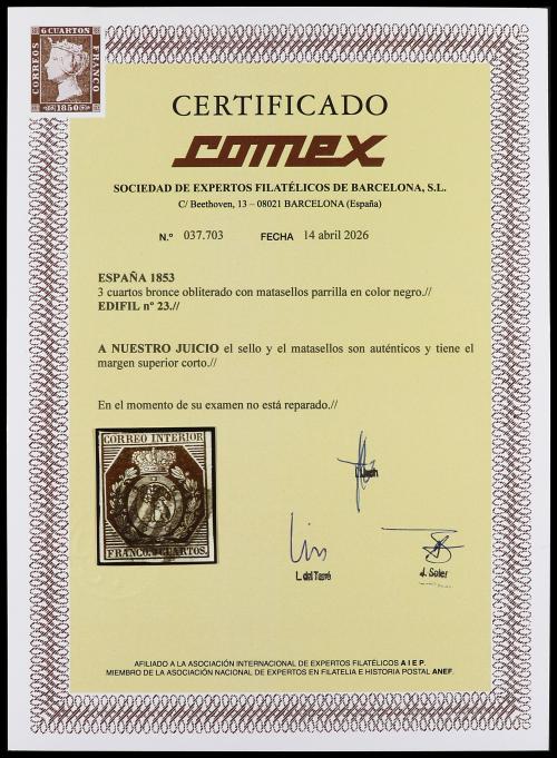 ° ESPAÑA. Ed. 23. 3 cuartos bronce. Ejemplar con 3 amplios m