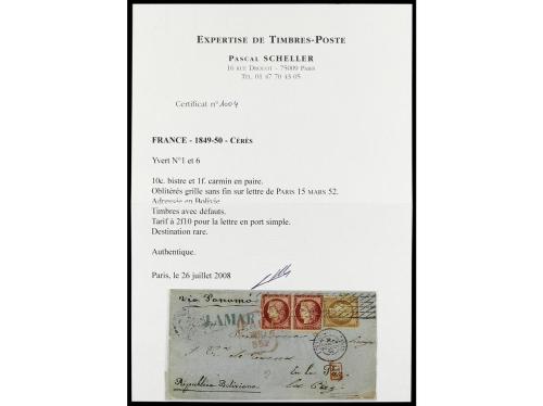 ✉ FRANCIA. Yv. 1 y 6. 1852. PARÍS a LA PAZ (Bolivia). 10 c. 